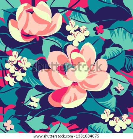 Floral tropical pattern. Handmade drawing vector illustration. Can be used for posters, banners, postcards, books & etc.