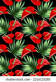 Floral tropical print. Trendy red Anthurium flower with palm leaves on a black background. Bright seamless vector pattern.