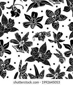 Blumennahtloses Muster mit verschiedenen orchiden Blumen auf rotem Hintergrund. Schwarz-Weiß Botanische Kunstgrafik. Stoffdruck, Armbanduhr, Wickelpapier.
