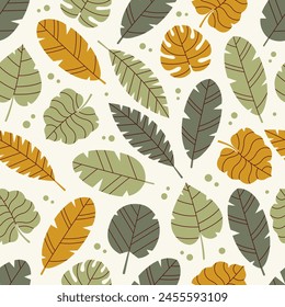 Floral tropical seamless pattern. Exotic plants in green and yellow colors. Background with monstera and banana leafs. Jungle illustration for design, print, fabric or background. Summer Time. Hawaii