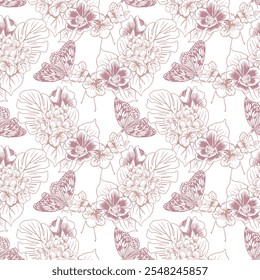 Patrón sin costuras tropical floral. Hortensias, monstruos, mariposas. Ilustración vectorial dibujada a mano. Gráficos. Textil, fundas, embalaje, Fondo de pantalla.