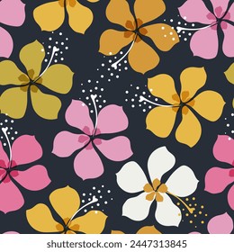 Floral tropical seamless pattern on black background. Vector.