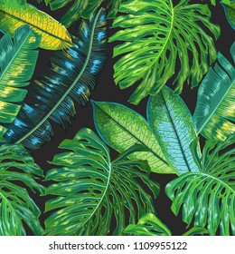 Floral Tropical Seamless Pattern. Palm Leaves Watercolor Background for Wallpaper, Fabric, Textile, Wrapping Paper. Monstera Botanical Design. Vector illustration