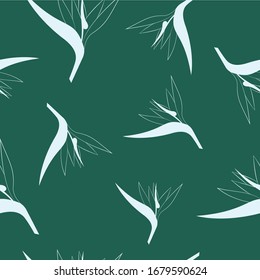 Floral tropical seamless vector pattern. Stylized contour flowers of Strelitzia on an emerald background. Pattern with exotic strelitzia flowers for print, textile, cards, design. 