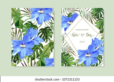 Floral tropical set. Wedding Invitation, save the date, rsvp, invite card. Vector illustration. Celebration summer template. Watercolor style