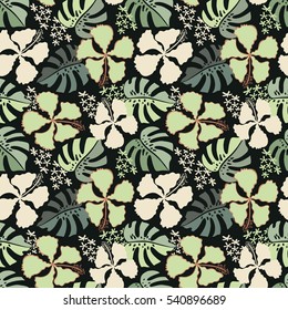 Floral tropical vector seamless pattern. Hibiscus, palm and monstera leaves . Flower exotic background.
