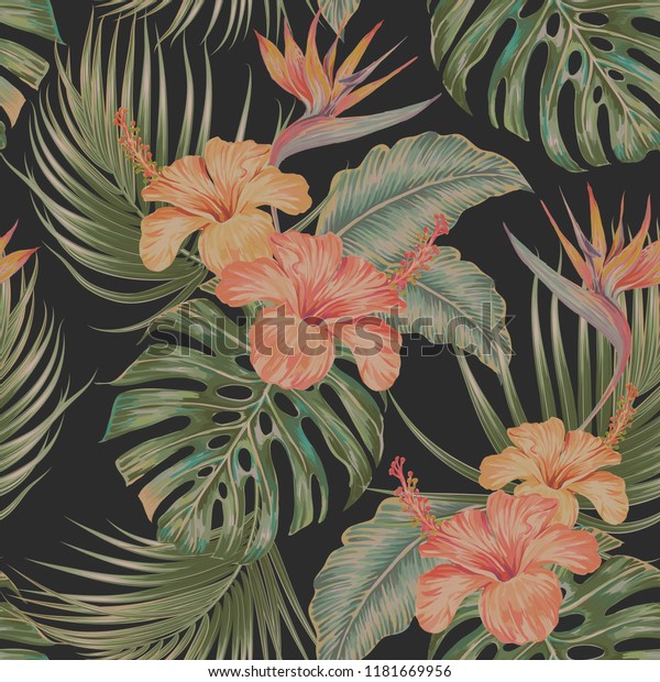 エキゾチックな花 ヤシの葉 ジャングルモンステラの葉 ストレリツィア 極楽の花の鳥を持つ 花柄の熱帯のベクター画像のシームレスなパターン ビンテージ ボタニカル壁紙イラスト ハワイ風 のベクター画像素材 ロイヤリティフリー