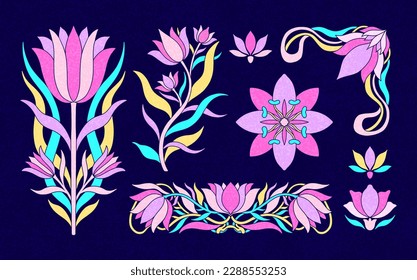 Floral tulip in art nouveau 1920-1930. Hand drawn in a linear style with weaves of lines, leaves and flowers. Vector illustration.