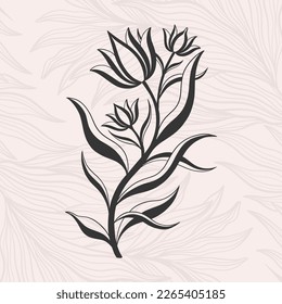 Floral tulip flower in art nouveau 1920-1930. Hand drawn tulip in a linear style with weaves of lines, leaves and flowers. Vector illustration.