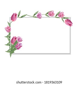 Floral Tulip Flowers rectangle frame with bouquets of flowers. Vector Illustration