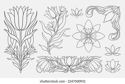 Floral tulip set in art nouveau 1920-1930. Hand drawn in a linear style with weaves of lines, leaves and flowers. Vector illustration.