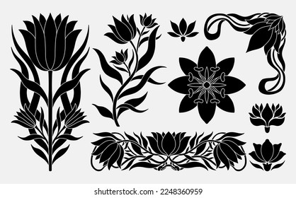 Floral tulip set in art nouveau 1920-1930. Hand drawn in a linear style with weaves of lines, leaves and flowers. Vector illustration.