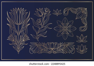 Floral tulip set in art nouveau 1920-1930. Hand drawn in a linear style with weaves of lines, leaves and flowers. Vector illustration.