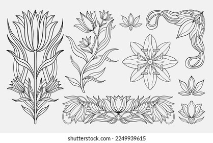 Floral tulip set in art nouveau 1920-1930. Hand drawn in a linear style with weaves of lines, leaves and flowers. Vector illustration.