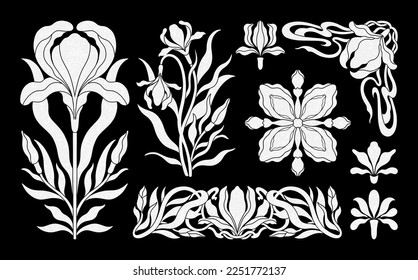 Típica floral en art nouveau 1920-1930. Mano dibujada en un estilo lineal con hileras de líneas, hojas y flores. Ilustración vectorial.