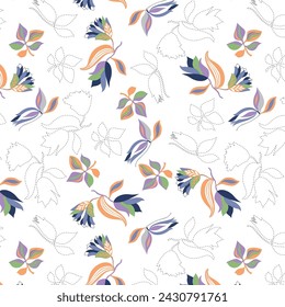 Floral tulips and leaves with dashed silhouette pattern