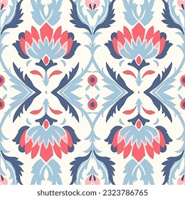 Floral Turkey Ikat Pattern. Motif ethnic beautiful background art. Folk embroidery textile fashion seamless pattern. Design for background, wallpaper, fabric, clothing, carpet, batik, embroidery.