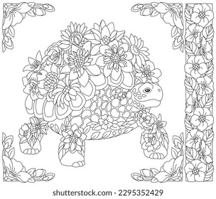 Floral turtle. Adult coloring book page with fantasy animal and flower elements