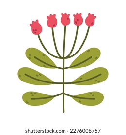 Floral Twig with Red Floret and Green Leaves as Cute Foliage Vector Illustration