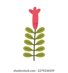 Floral Twig with Red Flower Bud and Leaves as Cute Foliage Vector Illustration