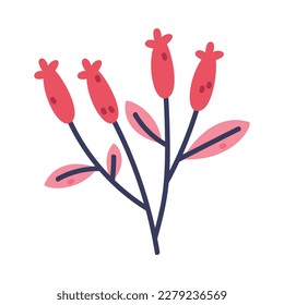 Floral Twig with Red Flower Bud and Leaves as Cute Foliage Vector Illustration