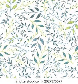 Floral twig seamless pattern design. Vintage berries and foliage wallpaper. Fabric graphic design. Fresh grass twig branches pattern background. Forest wallpaper.