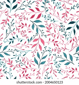 Floral twig seamless pattern vector. Rustic berries and foliage ornament. Textile graphic design. Fresh stalk twig branches pattern illustration. Botany wallpaper.