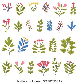 Floral Twigs with Blooming Flower and Green Leaf as Cute Foliage Vector Set