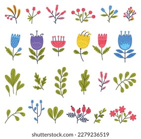 Floral Twigs with Blooming Flower and Green Leaf as Cute Foliage Vector Set