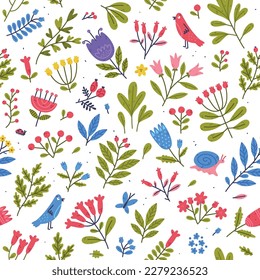 Floral Twigs Seamless Pattern with Blooming Flower and Green Leaf as Cute Foliage Vector Template