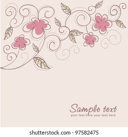 Floral twirl postcard with flowers, leaves, dots, swirls and curves