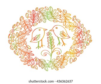 Floral and two bird decorative frame in the shape on circle