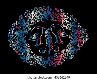 Floral and two bird decorative frame in the shape on circle