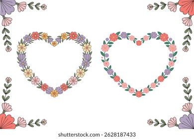 Floral two heart wreath frames with empty space on a white background, vector art.