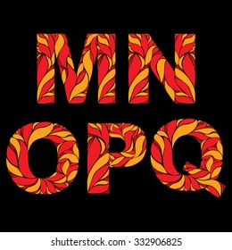 Floral typescript decorated with natural autumn pattern with seasonal orange leaves. Flowery alphabet, calligraphic ornamental drop caps, M, N, O,P, Q.