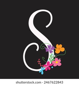 Floral typo logotype, badge typography icon on black backgrouns. S letter.