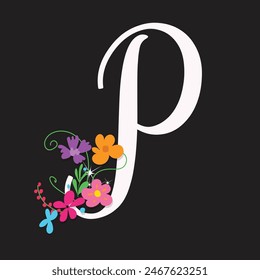 Floral typo logotype, badge typography icon on black backgrouns. P letter.