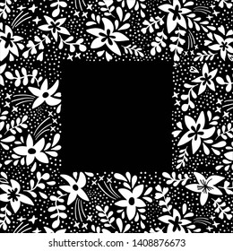 Floral typography poster frame with white flowers on black in flat style. Vector illustration for 8 March Woman's Day, Mother's Day, greeting cards, wedding invitations. Border background, template.