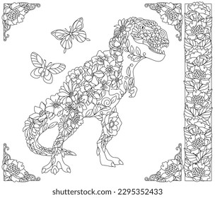 Floral tyrannosaurus dinosaur. Adult coloring book page with fantasy animal and flower elements