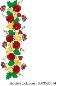 Imagen vectorial ucraniana floral. Flor al estilo de la pintura de Petrykivka. Fondo blanco. Ornamento en el fondo similar al punto de corte transversal. Coloca tu texto.