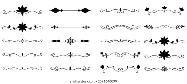 Floral Underline Set Silhouette Vector, Decorative Underline Design, Elegant Floral Divider
