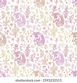 Padrão sem emenda floral e unicórnio: ilustração de vetor elegante para tecidos, papéis de parede e design de embalagem