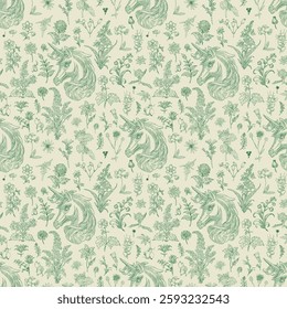 Floral and Unicorn Seamless Pattern: Elegant Vector Illustration for Fabrics, Wallpapers, and Packaging Design