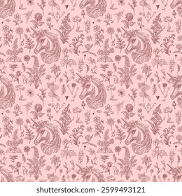Padrão sem emenda floral e unicórnio: ilustração de vetor elegante para tecidos, papéis de parede e design de embalagem