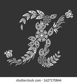 Floral uppercase white letter K monogram on black background. Vector illustration design.