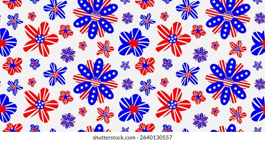 floral usa flag seamless pattern with abstract red blue flowers on white background, ideal for fourth of july crafts, digital papers, party and textile