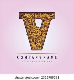 Floral V monogram letter elegant engraved ornament illustrations vector illustrations for your work logo, merchandise t-shirt, stickers and label designs, poster, greeting cards advertising business