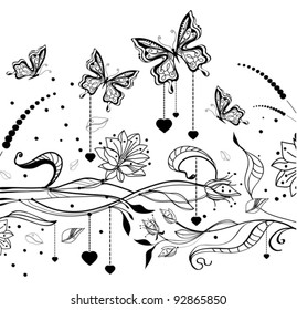Floral Valentine background with butterflies, vector illustration