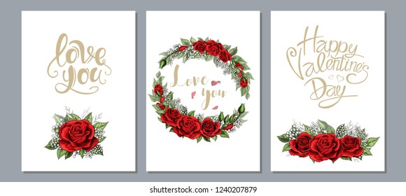 Floral valentines day, wedding invite, invtation three cards set design. Scarlet blush red rose flowers and green leaves with golden lettering templates