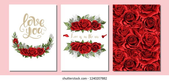 Floral valentines day, wedding invite, invtation three cards set design. Scarlet blush red rose flowers and green leaves with golden lettering templates